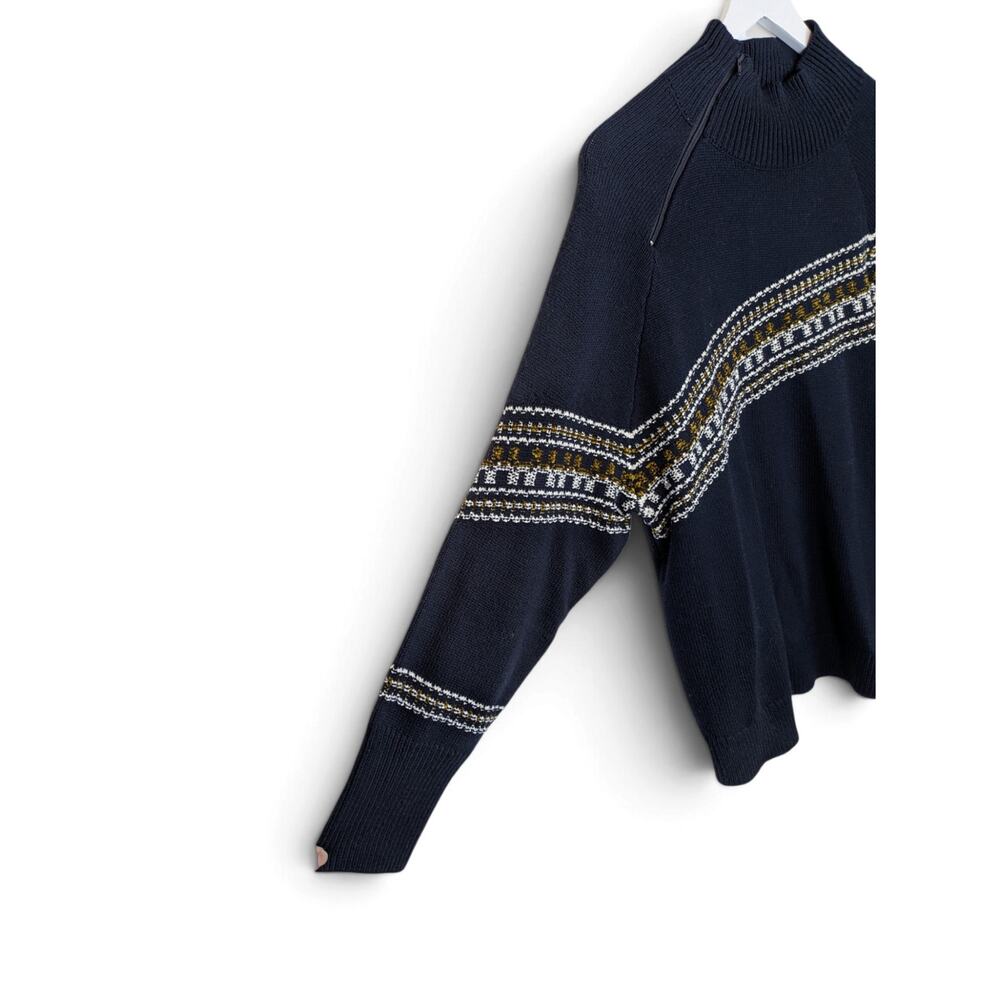 CABI Fair Isle Pullover Sweater Diagonal Zip Ribbed Mock Collar Navy #4231 - XL - Picture 4 of 7